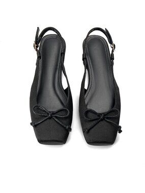 Women's Black Slingback Square Toe Bow Knit Ankle Buckle Satin Ballet Flats